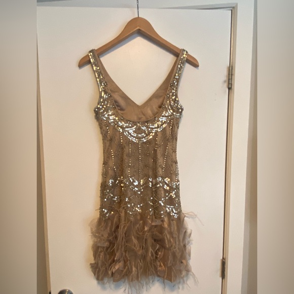 Sue Wong Beaded Gatsby Style Flapper Cocktail Dress Gold/Champagne - Picture 4 of 7